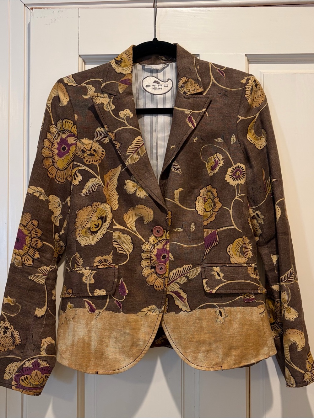 Etro Brown Linen Floral Notch-Lapel Blazer with Mustard Accents